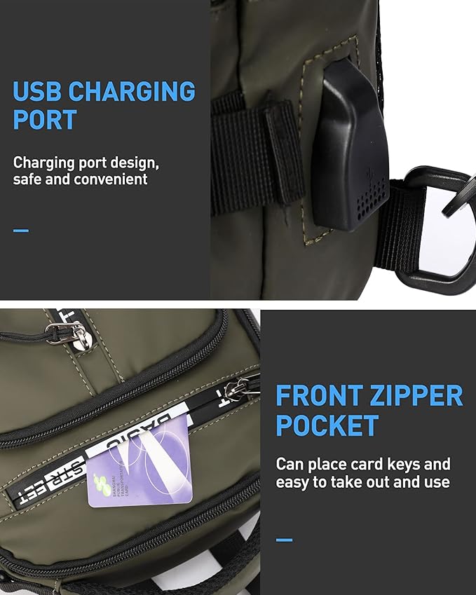 SEAFEW Small Sling Crossbody Backpack Shoulder Bag for Men, Lightweight One Strap Backpack Sling BacK pack for Hiking Walking Biking Travel Cycling USB Charger Port-Nylon (Olive Green)