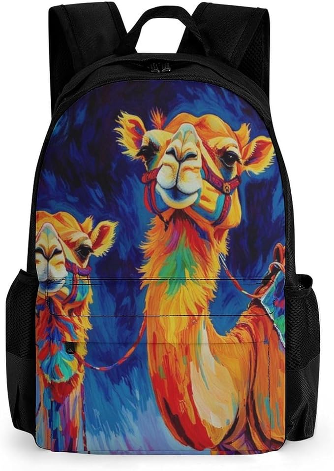 Men Women Polyester Camel Watercolor Backpack Large Capacity Bookbag With Smooth Zippers for Climbing Picnic Bicycle