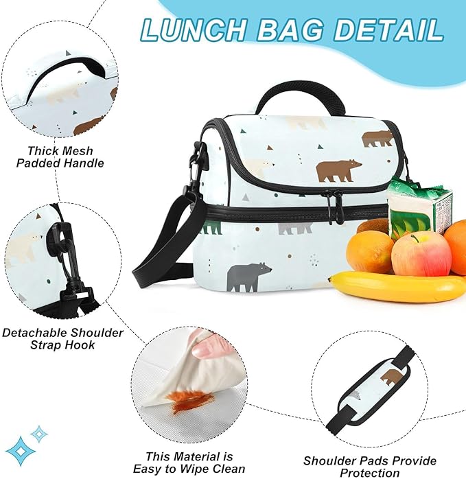 Double-layer Lunch Bag Bears Double Deck Cooler Bags with Strong Support for Beach, Travel, Car