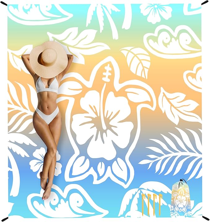 Beach Blanket, 78''×86'' Large Waterproof Sandproof Beach Mat for 2-4 Adults, Lightweight Compact Sand Free Outdoor Picnic Blanket with 4 Stakes & 4 Corner Pockets