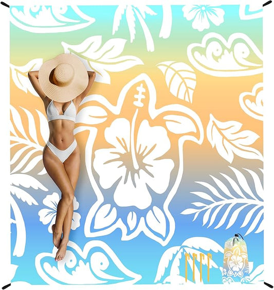 Beach Blanket, 78''×86'' Large Waterproof Sandproof Beach Mat for 2-4 Adults, Lightweight Compact Sand Free Outdoor Picnic Blanket with 4 Stakes & 4 Corner Pockets