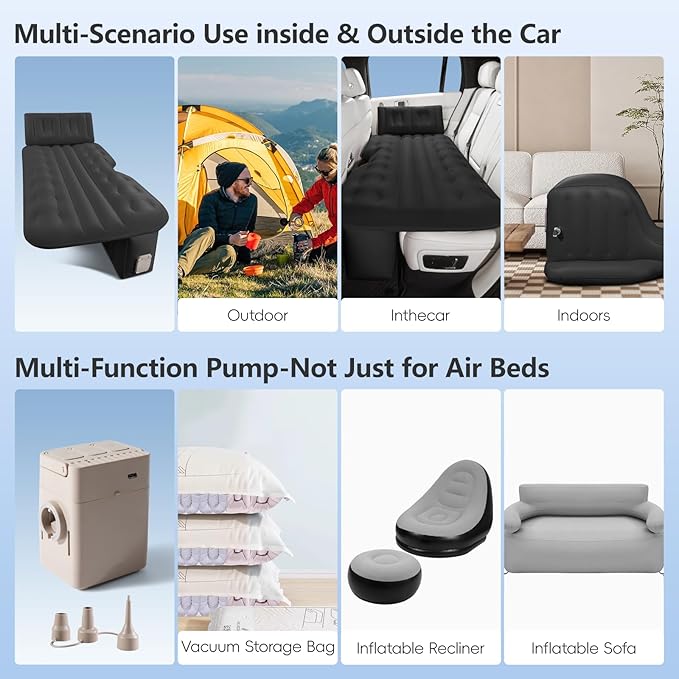 Car Air Mattress Back Seat Bed for Truck One-Piece Bed Pier Thickened Travel Airbed Blow up Mattress SUV Self Inflatable Camping Sleeping Pad with Wireless Air Pump & Pillow, Black