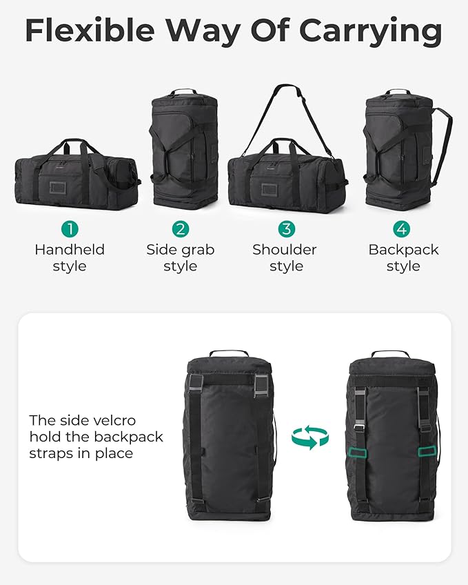 BAGSAMRT 60L Foldable Duffle Bag for Travel, Large Travel Duffel Bag for Men, 4 in 1 Travel Backpack, Carry on Weekender Bag, Army Green
