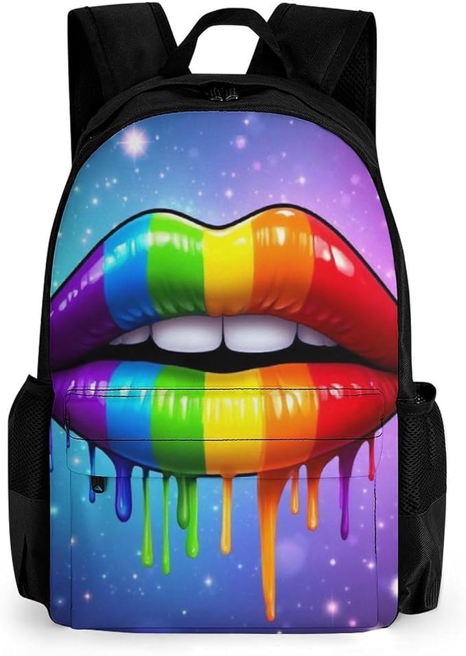Polyester Daypack Bookbag for Gym Business Bicycle, Large Capacity Multipurpose Anti-Theft Carry On Bag, Lgbt Gay Homosexual Lesbian Rainbow Lips Travel Hiking Daypack