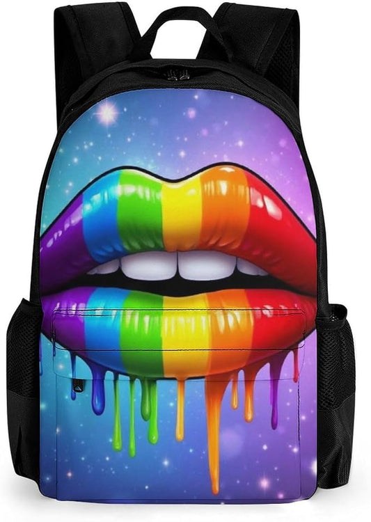 Polyester Daypack Bookbag for Gym Business Bicycle, Large Capacity Multipurpose Anti-Theft Carry On Bag, Lgbt Gay Homosexual Lesbian Rainbow Lips Travel Hiking Daypack