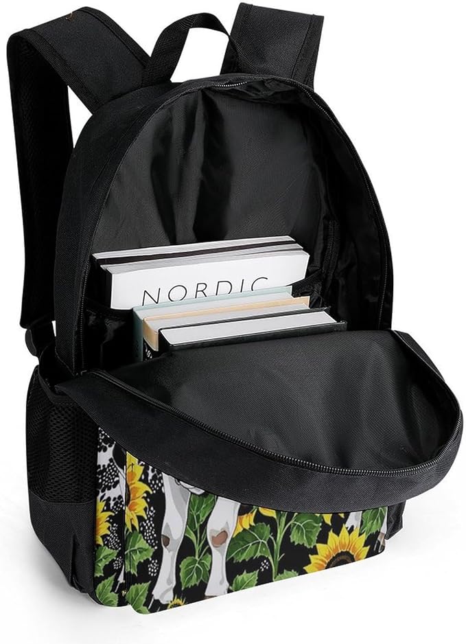 Supdreamc Polyester Daypack Backpack for Trekking Picnic Walking Cycling, Large Capacity Anti-Theft Multipurpose Shoulder Bag, Farm Cow Sunflower Print Casual Daypack