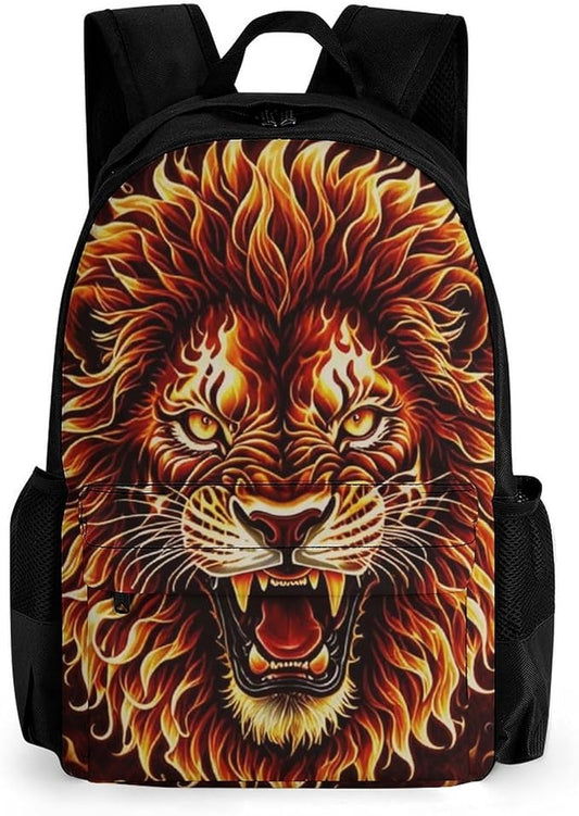 Polyester Daypack Bookbag for Gym Business Bicycle, Large Capacity Multipurpose Anti-Theft Carry On Bag, Fierce Wild Animal Angry Fire Travel Hiking Daypack