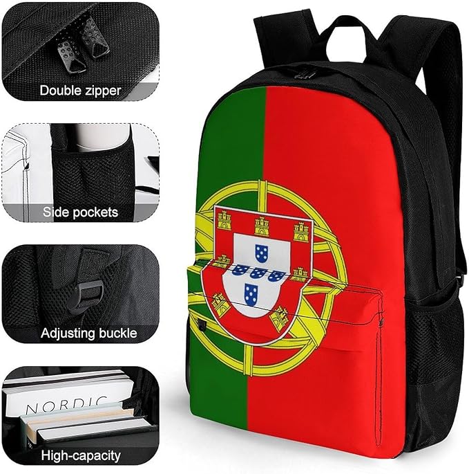 Daypack Backpack Multipurpose Anti-Theft Large Capacity Bookbag, Portugal Flag Travel Hiking Camping Rucksack With Adjustable Shoulder Straps