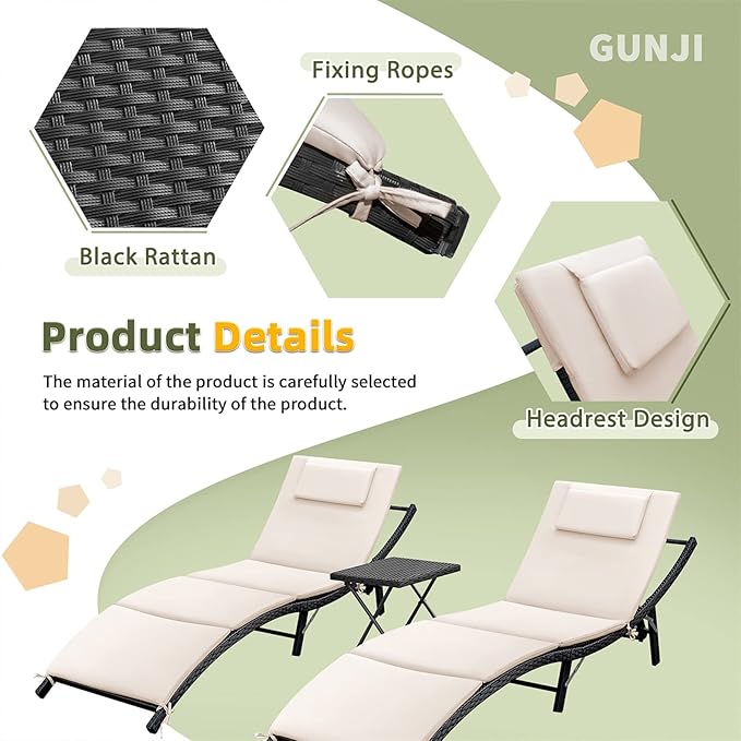 GUNJI Lounge Chairs for Outside 3 Pieces Patio Adjustable Chaise Lounge Outdoor Wicker Lounge Chairs Set of 2 with Table Folding Chaise Lounger for Poolside, Deck, Lawn (Beige)
