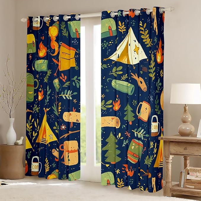 Feelyou Camping Decor Curtains for Bedroom Living Room Camper Accessories Blackout Shades Happy Camping Room Darkening Curtain Window Treatments, 2 Panels 42 x 63 Inch Decor