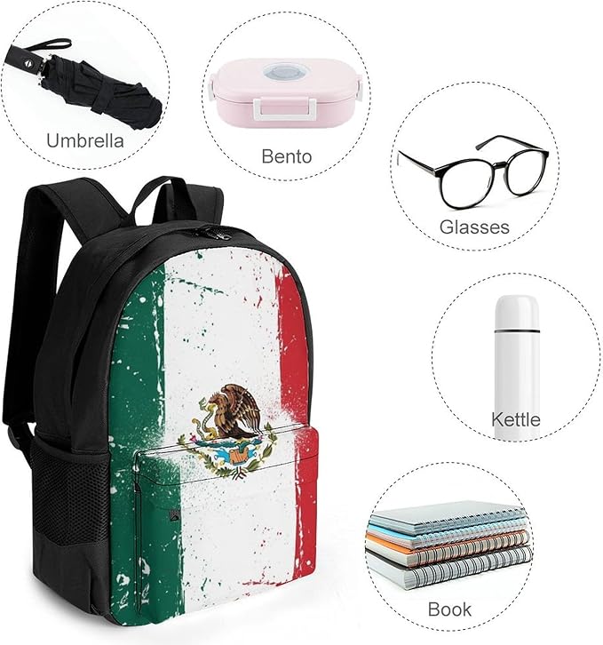 Men Women Lightweight Cool Mexican Flag Art Casual Daypack Big Capacity Bookbag With Padded Straps for Gym Travel Walking Cycling