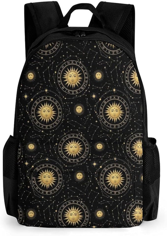 Men Women Polyester Mystical Constellations Space Gold Zodiac Sun Moon Stars Daypack Big Capacity Shoulder Bag With Adjustable Shoulder Straps for Camping Travel Walking Cycling