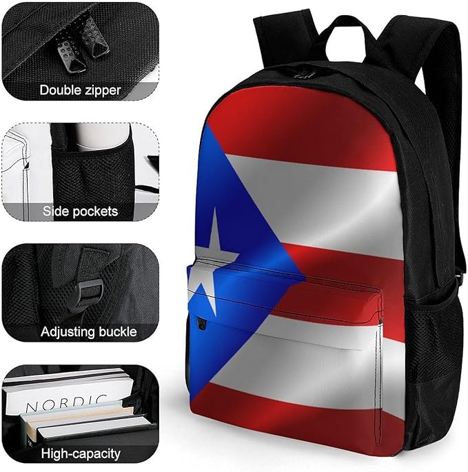 Polyester Daypack for Camping Travel Walking Cycling, Big Capacity Anti-Theft Multipurpose Bookbag, Flag Of Puerto Rico Camping Outdoor Backpack