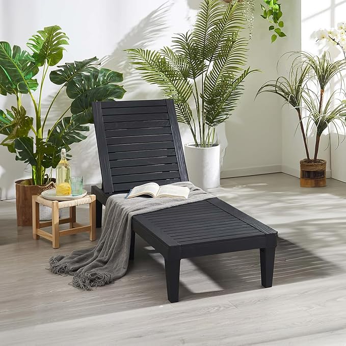 Nestl Patio Chairs - Black Chaise Lounge Chair Outdoor, 5-Position Adjustable Sun Tanning Chair, Waterproof Pool Lounge Chairs, Reclining Lawn Chair, Lightweight Outdoor Lounge Chairs