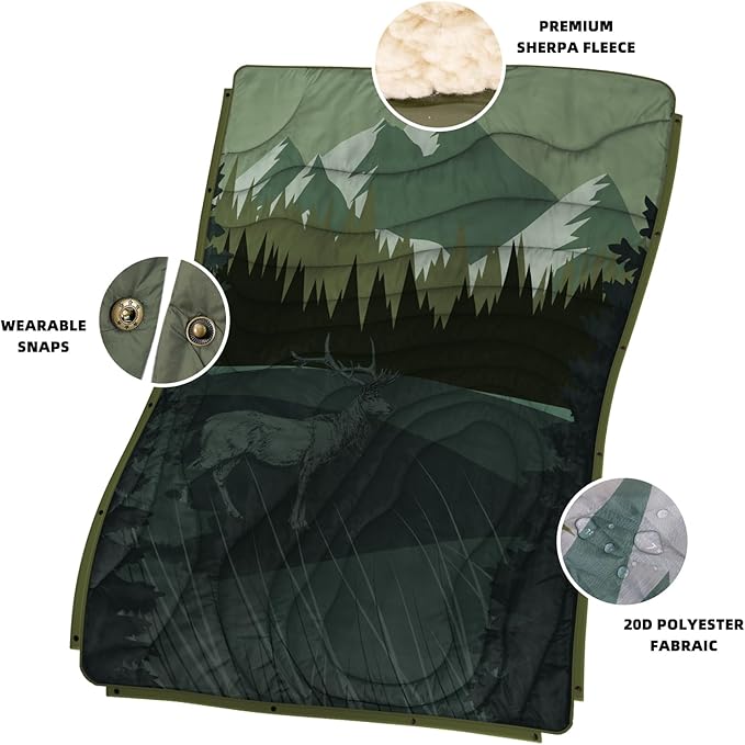 Outdoor Camping Blanket with Sherpa Lining, Extra Warm Thick Camp Blankets and Puffy Ultralight Soft Poncho DWR Camping Quilt for Cold Weather, Adventure, Sleeping, Backpacking 56"x 40"