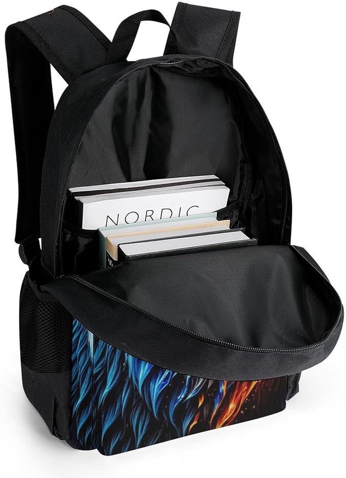 Men Women Polyester Cool Lion Fire Surreal Style Art Daypack Big Capacity Shoulder Bag With Smooth Zippers for Hiking Work Walking Cycling