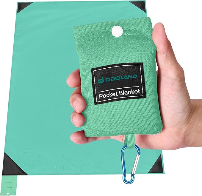 Odoland Beach Blanket Picnic Blanket, 43" x 63" SandProof Waterproof Outdoor Pocket Blanket with Portable Bag, Foldable Lightweight Sand Free Quick Drying Mat for Hiking Camping Travel, Light Green