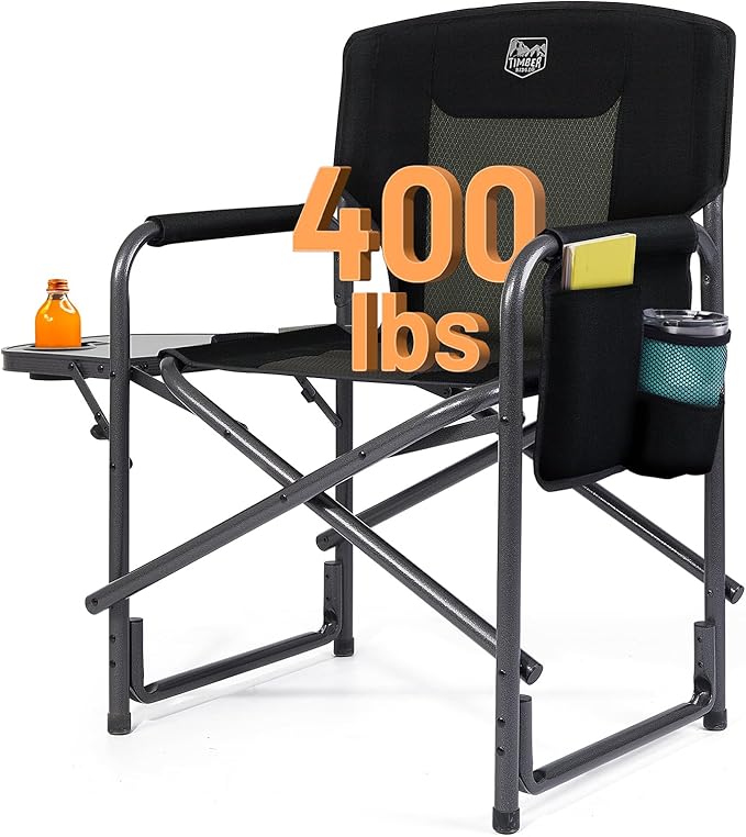 TIMBER RIDGE Aluminum Oversized Camping Chair, Lightweight Portable Directors Chair with Side Table Detachable Side Pocket for Outdoor Camping, Lawn, Picnic, Support 400lbs Black