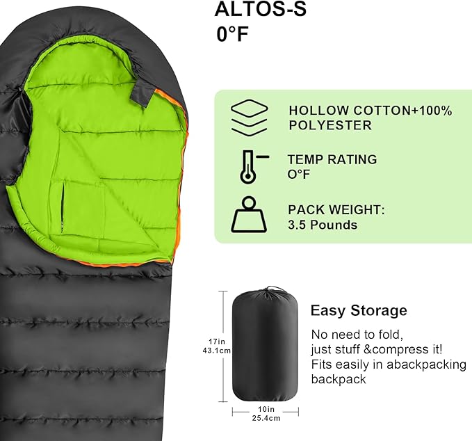 KAMPKEEPER Mummy Sleeping Bag, Cold Weather Camping Sleeping Bag, 32℉ 3-4 Seasons Adults Sleeping Bag, Non-Snag Zipper with Adjustable Hood for Backpacking, Hiking