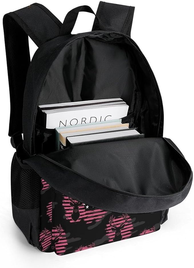 Men Women Lightweight American Flag Hunting Camo Deer Pink Camouflage Casual Daypack Large Capacity Bookbag With Adjustable Shoulder Straps for Gym Business Bicycle