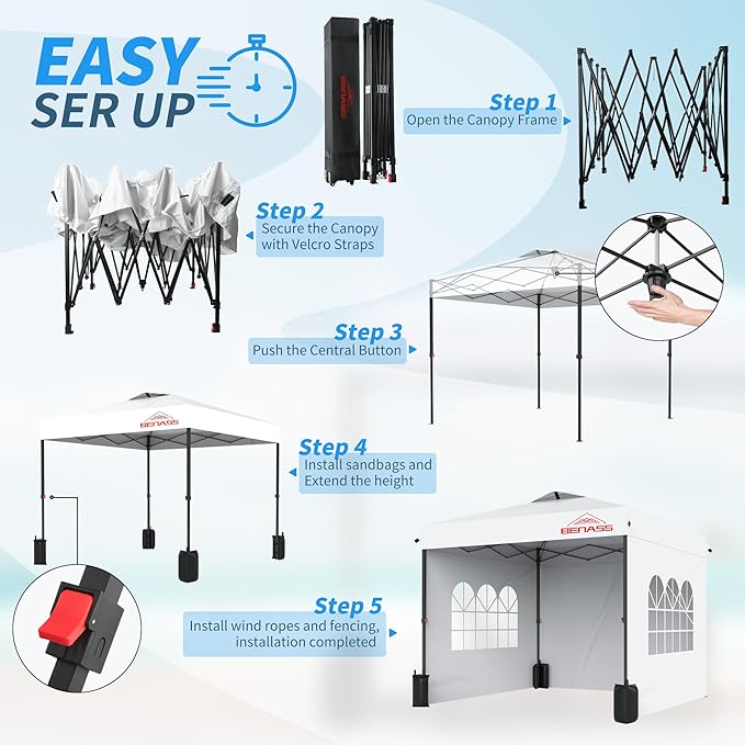 10x10 Pop Up Canopy with 3 Sidewalls, Heavy Duty Tents for Parties, One Person Set Up Event Tent, White