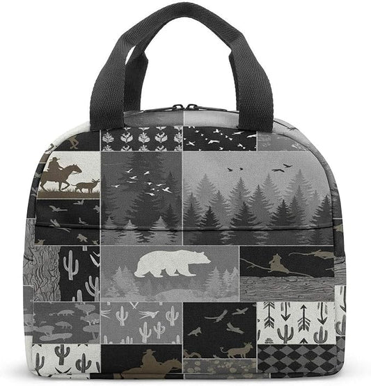 Western Retro Denim Insulated Lunch Bag Bear Deer Bird Nature Landscape Cactus Thermal Tote Portable Size (01)