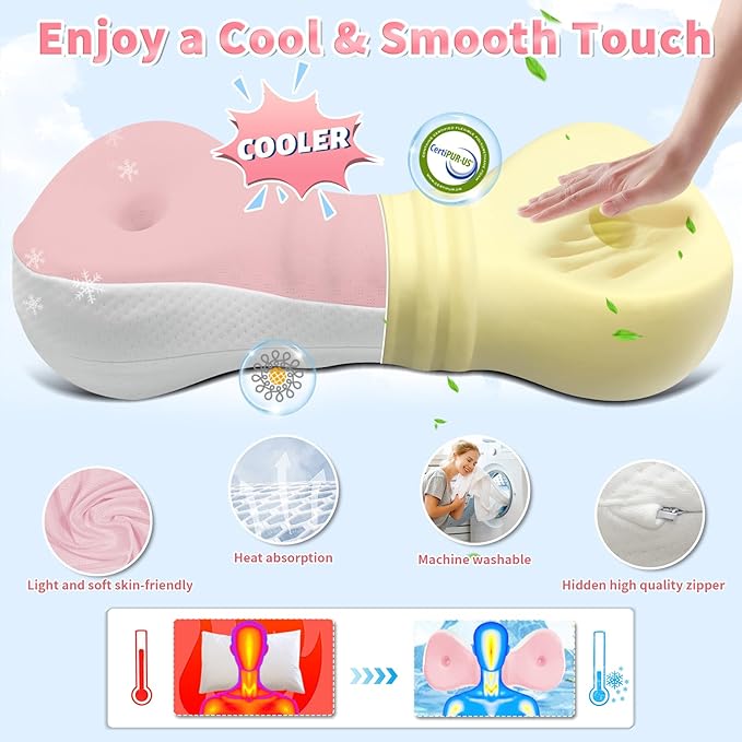 Neck Support Pillow, Cervical Neck Roll Memory Foam Pillow, Cervical Traction Device, Neck Pillow for Side Sleepers, Camping & Travel Pillow with Portable Bag