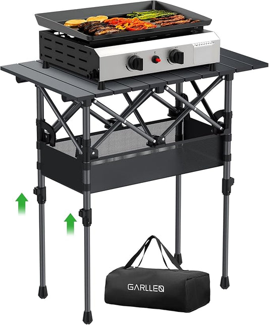 GARLLEN Folding Camping Table, Portable Roll-up Picnic Table with 2 Adjustable Height, Lightweight Aluminum Outdoor Table with Storage Net and Carrying Bag for Camping, Picnic, BBQ