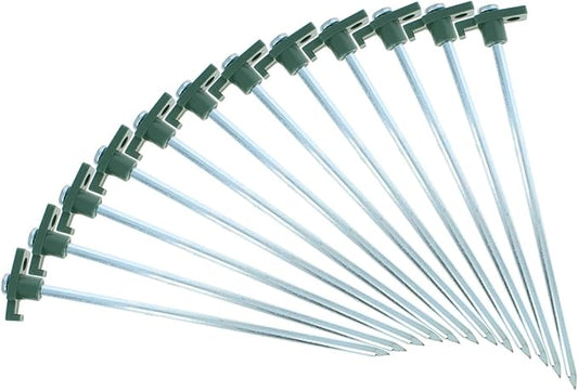 12-Piece Galvanized Steel Tent Pegs - Green Cap Garden Stakes