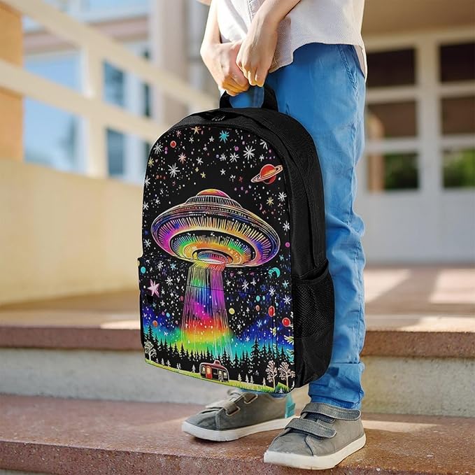 Supdreamc Men Women Polyester Colorful Magical Spaceship Art Daypack Bookbag Big Capacity Shoulder Bag With Padded Straps for Climbing Travel Walking Cycling