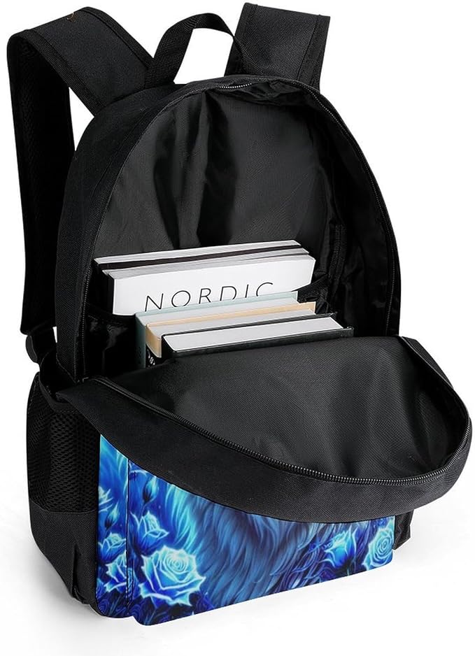 Polyester Daypack Bookbag for Gym Business Bicycle, Large Capacity Multipurpose Anti-Theft Carry On Bag, White Galaxy Wolf With Blue Rose Travel Hiking Daypack