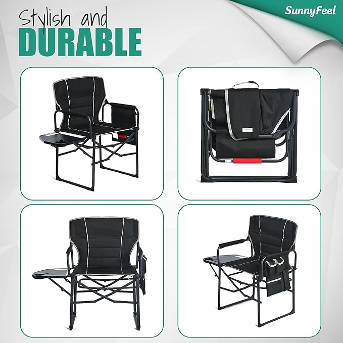 SUNNYFEEL Oversized Camping Directors Chair 1 Pack, Portable Folding Lawn Chairs for Adults Heavy Duty with Side Table,Pocket for Beach, Fishing,Picnic,Concert Outdoor, Foldable Camp Chairs