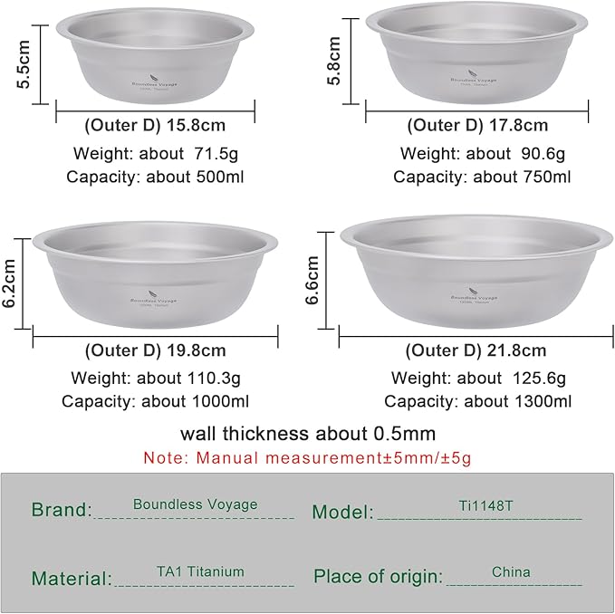 Boundless Voyage Titanium Camping Plate Bowl Set Rice Soup Salad Stackable Serving Bowls Ultralight Dinnerware Set Dishwasher Safe Ti1148t