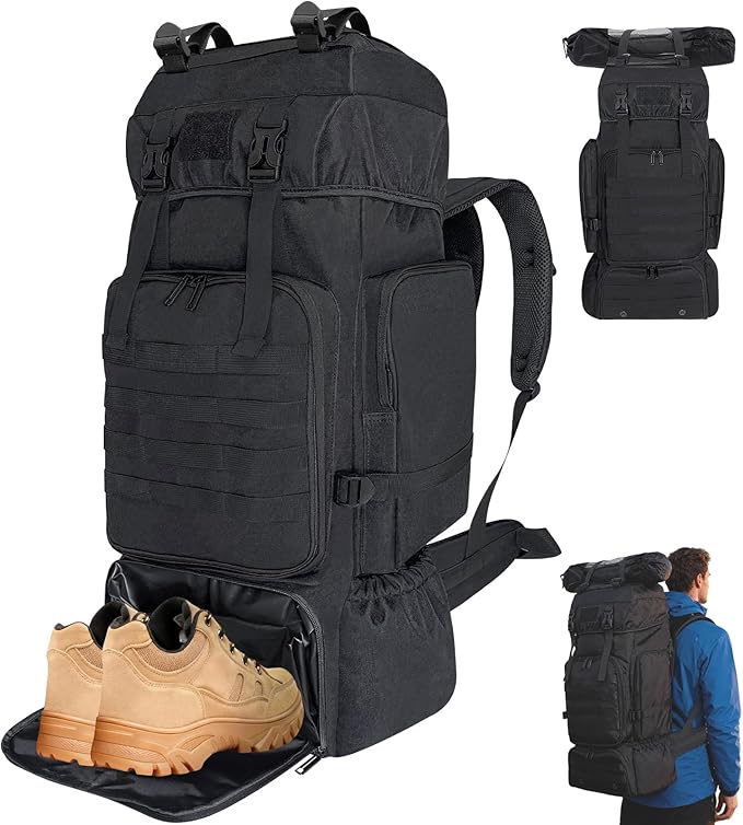 70L Hiking Backpack for Men Women Camping bag with Shoe Compartment Large Military Tactical Backpack, MOLLE Rucksack Sport Travel Backpacking Daypack (Black)