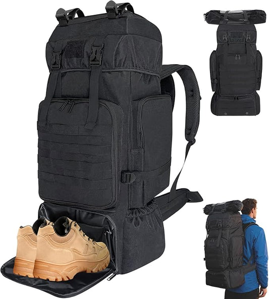 70L Hiking Backpack for Men Women Camping bag with Shoe Compartment Large Military Tactical Backpack, MOLLE Rucksack Sport Travel Backpacking Daypack (Black)