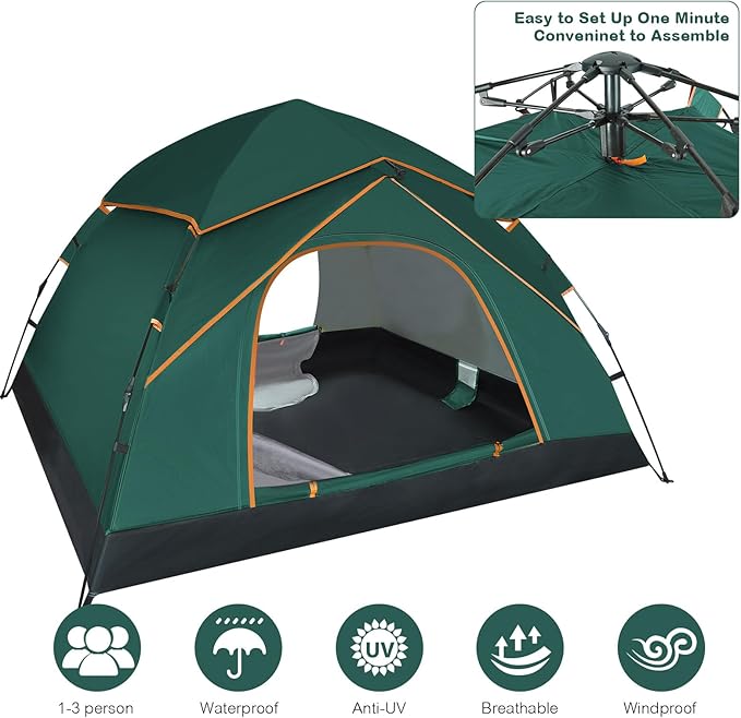 Pop Up Tents for Camping, 2-3 Person Camping Tent 60s Automatic Easy Setup Dome Tent, Waterproof Family Camping Tents, Lightweight Tents for Camping Hiking Backpacking Fishing Hunting