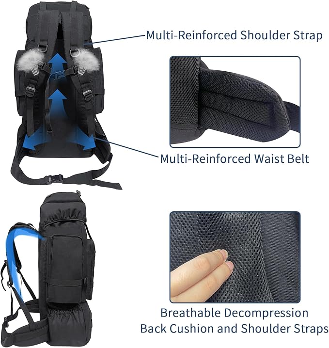 70L Hiking Backpack for Men Women Camping bag with Shoe Compartment Large Military Tactical Backpack, MOLLE Rucksack Sport Travel Backpacking Daypack (Black)