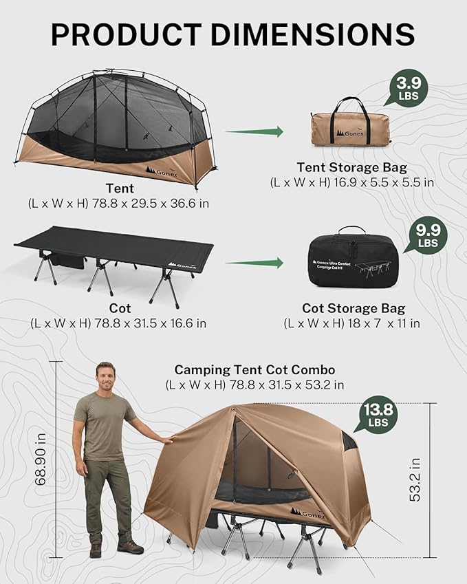 Gonex Camping Tent Cot for Adults, 1-Person Off-Ground Folding Portable Easy Set-up Tent Cot Combo Supports 350lbs for Hiking, Backpacking, Car & Motorcycle Camping(31.5" W X 78.7" L)-Khaki