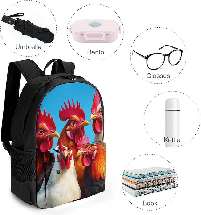 Supdreamc Polyester Daypack for Camping Travel Walking Cycling, Big Capacity Anti-Theft Multipurpose Bookbag, Roosters Animals Funny Chicken Camping Outdoor Backpack