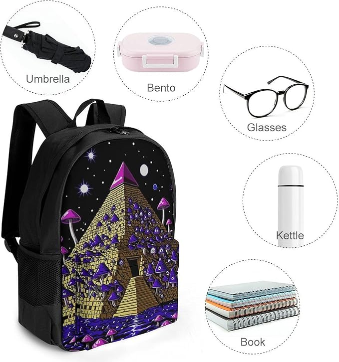 Men Women Lightweight Trippy Magic Pyramid Mushrooms Universe Art Casual Daypack Big Capacity Bookbag With Padded Straps for Gym Travel Walking Cycling