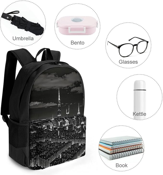 Women Men Polyester New York City Night View Casual Daypack Large Capacity Bookbag With Side Pockets for Sports Picnic Walking Cycling