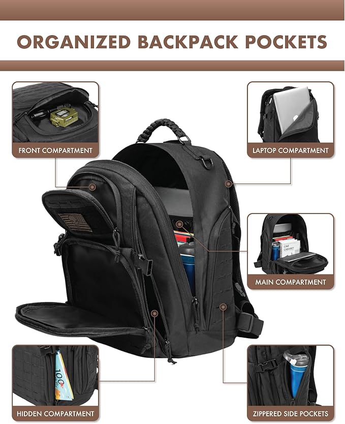 TRAILKICKER Military Tactical Backpack 40L for Men, Hiking Camping Molle EDC Daypack Army Assault Pack Lightweight Work Backpack with Water Bladder Compartment, Black