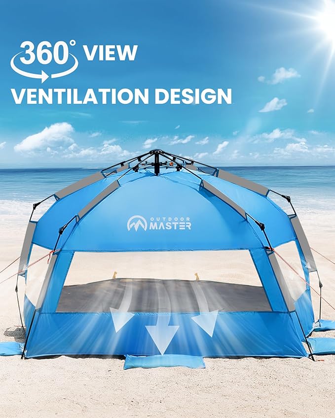 OutdoorMaster Beach Tent with Blackout Shelter Technology, Portable Sun Shade Shelter 4 Person, Pop Up Beach Tents with UPF 50+ UV Protection, 9.5mm Thick Pole, 3 Ventilating Mesh Windows -Blue