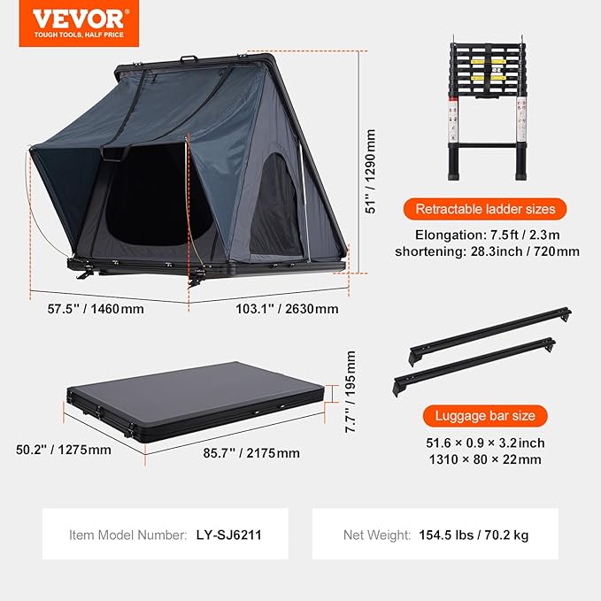 VEVOR Rooftop Tent Hard Shell, 2-3 Person Aluminum Roof Top Tent Hardshell with Tri-Color LED Light, Thick Mattress & 1 Window, Waterproof Windproof Overland Camping Car Roof Rack for Jeep SUV Pickup