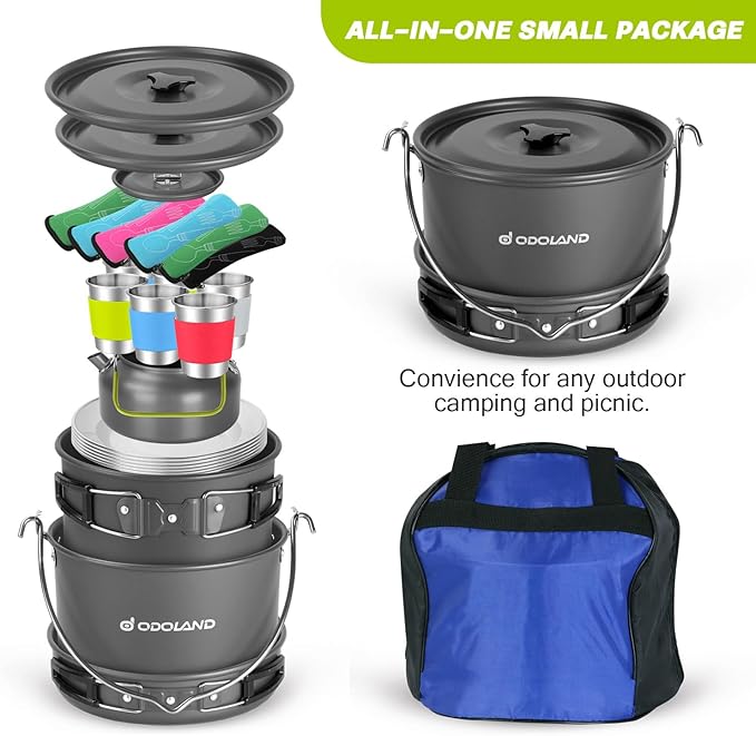 Odoland 39pcs Camping Cookware Mess Kit, Non-Stick Large Size Hanging Pot Pan Kettle with Base Dinner Cutlery Sets for 6 and More, Cups Dishes Forks Spoons Kit for Outdoor Camping Hiking Picnic