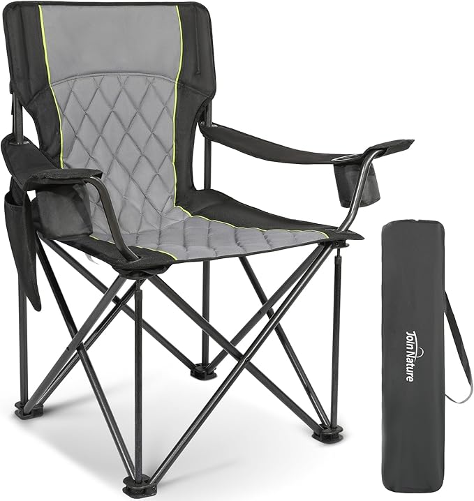 Folding Camping Chairs for Adults, Padded Folding Chairs for Outside Heavy Duty with Cup Holders & Side Pocket, Support up to 500 lbs, Black