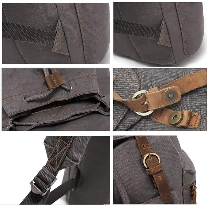 HuaChen Vintage Canvas Travel Backpack with Leather Trim, Laptop Padded Sleeve, Hidden Back Security Pocket, Fits 15-Inch, M32 Gray Large