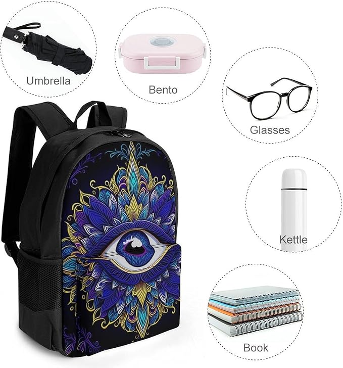 Supdreamc Men Women Polyester Abstract Symbol Of All Seeing Eye Boho Indian Ethnic Style Daypack Big Capacity Shoulder Bag With Smooth Zippers for Hiking Work Walking Cycling