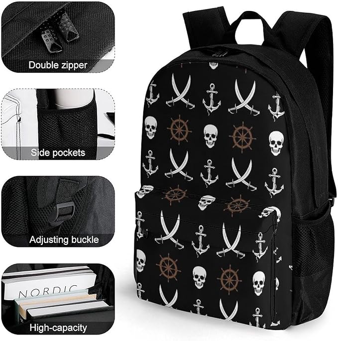 Rucksack Anti-Theft Multipurpose Large Capacity Carry On Bag, Nautical Anchor Pirate Skulls Travel Hiking Bag Day Pack With Side Pockets
