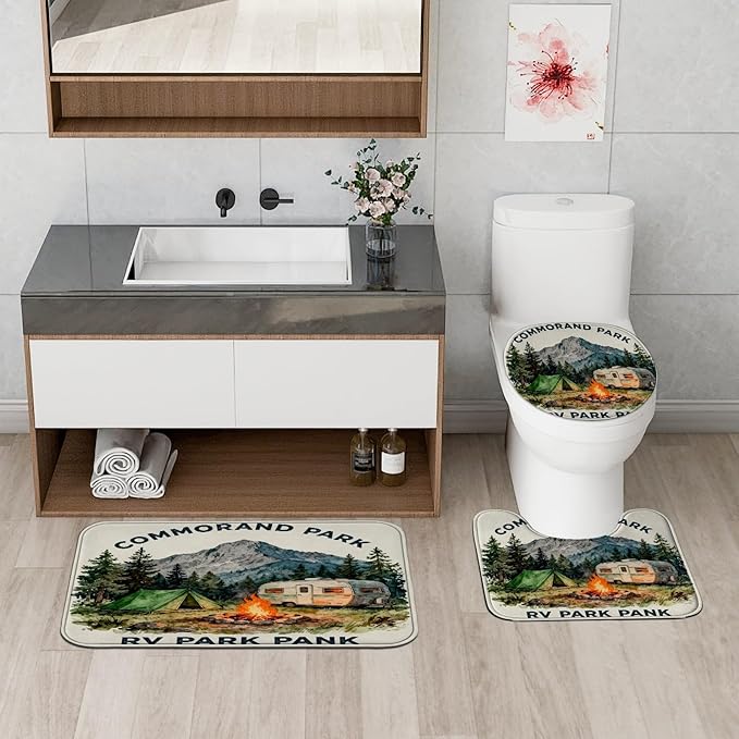 Mountain Shower Curtain Sets, Outdoor Adventure Tent Campfire Summer Green Waterproof Fabric Bathroom Cloth Shower Curtain and Rug Set Decorative for Toile Guest Room 72x72 Inch